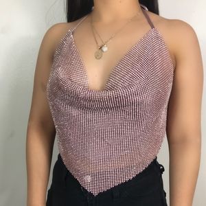 Rose gold rhinestone backless halter top